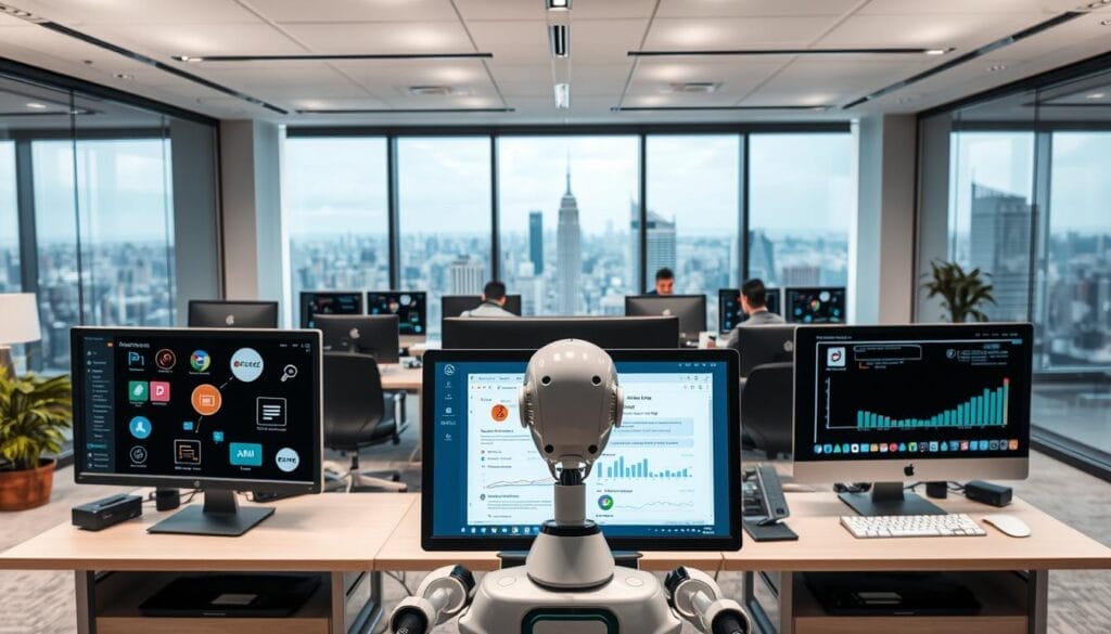 A modern, well-lit office interior with an array of digital platforms and software processes represented on multiple computer screens. In the foreground, a sleek and intuitive chatbot interface takes center stage, showcasing its seamless integration with various marketing tools. The middle ground features a team of professionals collaborating at their desks, their attention focused on the chatbot's performance analytics displayed on their monitors. In the background, a large window provides a panoramic view of a bustling city skyline, conveying a sense of a dynamic, technology-driven environment. The lighting is bright and diffuse, creating a professional and productive atmosphere. The overall scene captures the essence of setting up an effective marketing chatbot to boost customer engagement and conversions.