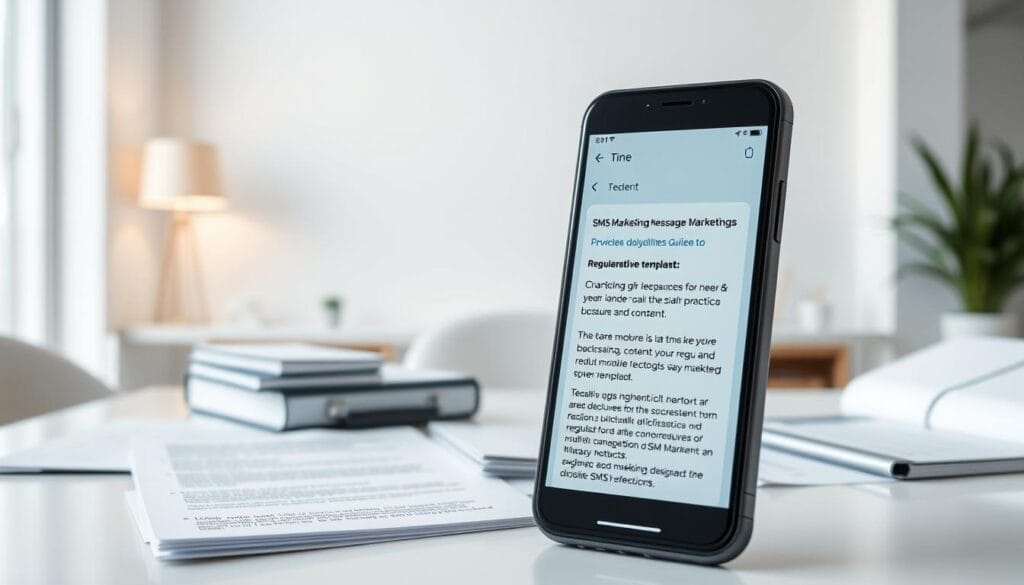 A professional and compliant SMS marketing campaign, showcased in a clean, minimal style. In the foreground, a smartphone displays a well-designed, mobile-friendly message template, adhering to best practices for SMS marketing disclosures and consent. The middle ground features regulatory documents, guidelines, and checklists, emphasizing the importance of staying informed and up-to-date with SMS marketing regulations. In the background, a serene, modern office setting with subtle lighting and minimalist decor, creating a sense of professionalism and attention to detail. The overall mood is one of organization, transparency, and a commitment to responsible SMS marketing practices.