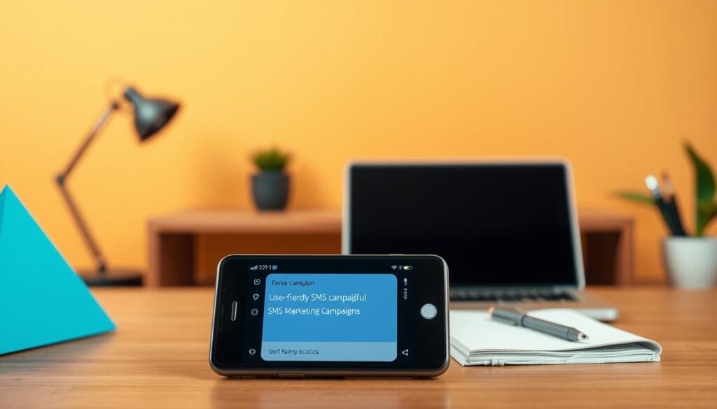 A vibrant and inviting workspace showcases the effortless setup for powerful SMS marketing campaigns. In the foreground, a sleek smartphone displays a user-friendly SMS campaign management interface, its screen illuminated by soft, natural lighting. In the middle ground, a minimalist desk hosts a laptop, pen, and notebook, symbolizing the simplicity of the process. The background features a warm, muted color palette, creating a calming and productive atmosphere. Subtle geometric elements, such as clean lines and subtle shapes, reflect the organized and efficient nature of the setup. The overall composition conveys a sense of approachability and ease, inviting the viewer to envision themselves seamlessly launching impactful SMS marketing initiatives.