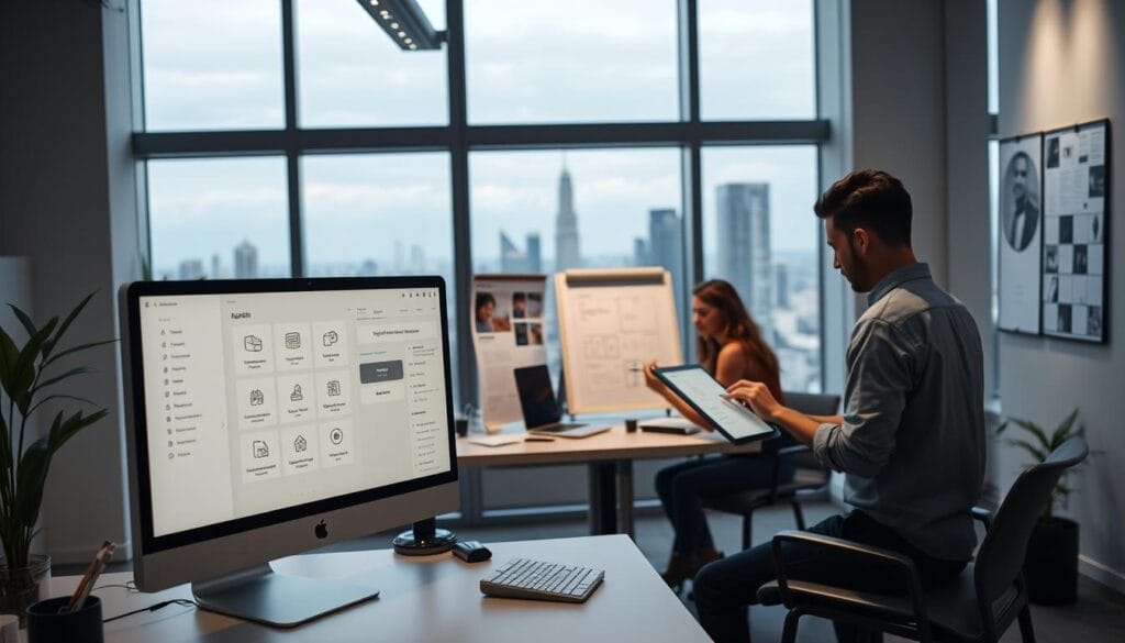 A clean, modern office space with a focus on user interface design. In the foreground, a sleek desktop computer displays a minimalist, well-organized UI with intuitive icons and clean typography. Soft, indirect lighting creates a calming atmosphere, while the middle ground features a designer sketching wireframes on a digital tablet, surrounded by design tools and inspiration boards. The background showcases a panoramic city view through floor-to-ceiling windows, conveying a sense of urban productivity and innovation. The overall scene emphasizes the importance of optimizing the user experience through thoughtful, user-centric interface design.