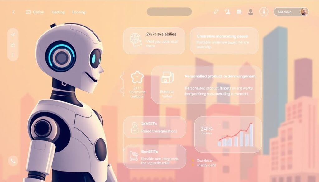 A sleek and modern e-commerce chatbot interface, featuring a clean, minimalist design with a warm, inviting color palette. In the foreground, a friendly, AI-powered chatbot avatar engages in a natural conversation with a user, showcasing the chatbot's attentive and personalized communication. The middle ground depicts various e-commerce icons and data visualizations, highlighting the key benefits of the chatbot's capabilities, such as 24/7 availability, personalized product recommendations, and seamless order management. The background features a stylized cityscape, suggesting the chatbot's integration within a thriving e-commerce ecosystem. The overall scene conveys a sense of efficiency, convenience, and enhanced customer experience.