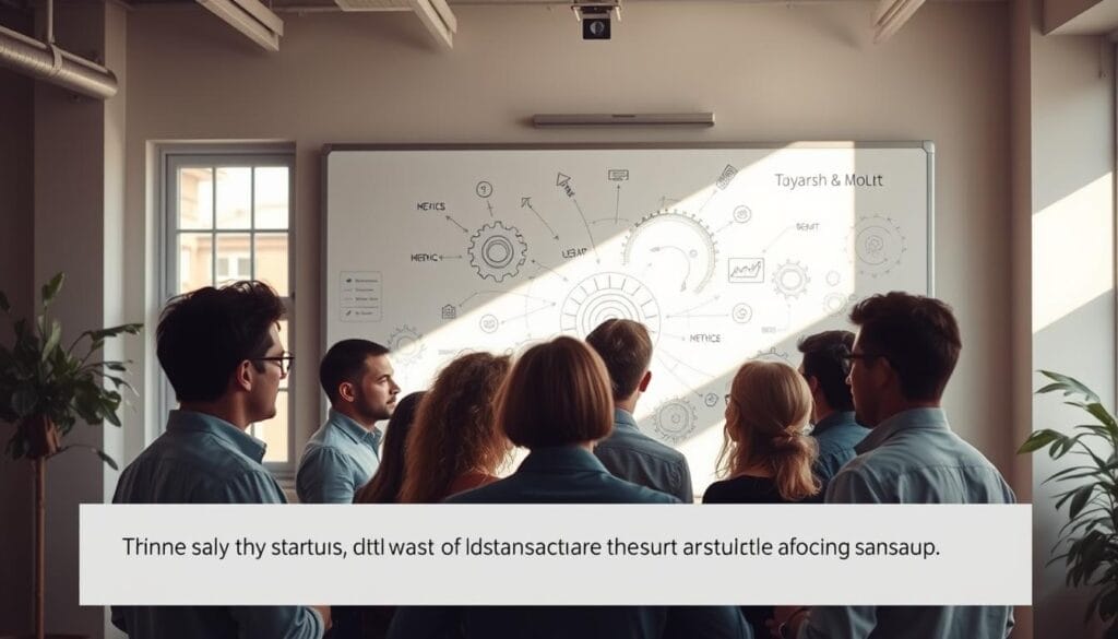 A sun-dappled office space, with a large whiteboard taking center stage. On it, an abstract business diagram unfolds, depicting interconnected gears, arrows, and metrics. In the foreground, a team of professionals huddles around the board, engaged in lively discussion, their expressions pensive yet determined. Soft, warm lighting filters through the windows, casting a contemplative glow over the scene. The overall atmosphere conveys a sense of strategic planning, problem-solving, and the pursuit of growth hacking solutions for a thriving startup.