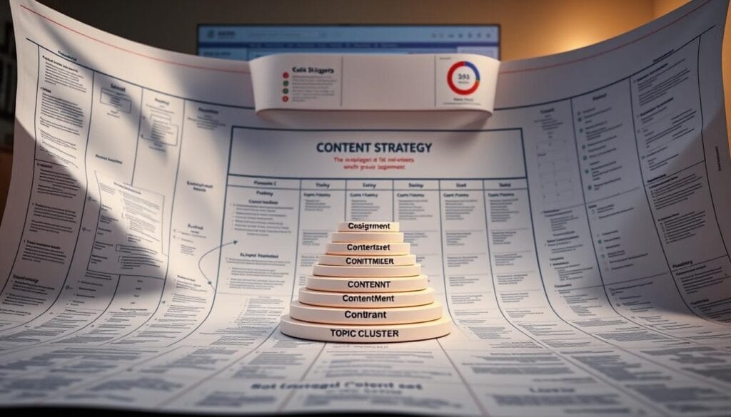 A well-crafted content strategy blueprint unfurling with precision, illuminated by soft, diffused lighting and captured through a wide-angle lens. In the foreground, a central stack of content pillars and topic clusters, meticulously organized and connected. The middle ground showcases a content calendar, brimming with ideas and deadlines, while the background features a digital dashboard monitoring KPIs and analytics. The overall mood is one of strategic focus, data-driven decision-making, and a clear path to achieving content marketing success for a small business.