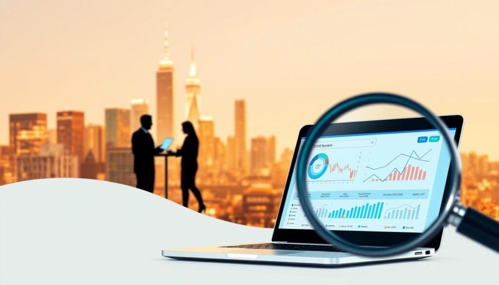 A detailed illustration of SEO strategies that drive business growth. In the foreground, a magnifying glass hovers over a laptop screen displaying search engine optimization metrics and analytics. In the middle ground, a team of digital marketers collaborates, strategizing ways to improve website visibility and organic search traffic. The background depicts a cityscape, reflecting the global reach and impact of effective SEO. The scene is illuminated by warm, directional lighting, conveying a sense of progress and professionalism. The composition is balanced, with clean lines and a minimalist aesthetic, emphasizing the importance of data-driven decision-making in modern digital marketing.