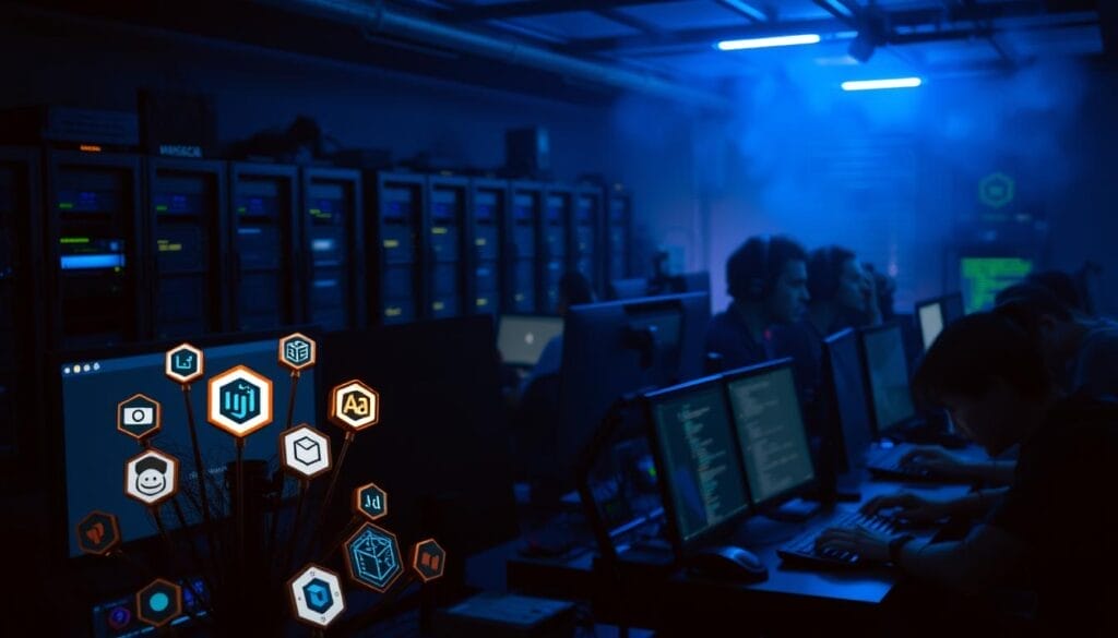 A dimly lit software development studio, filled with the glow of computer screens and the hum of servers. In the foreground, a cluster of backend development frameworks stand prominently, their icons and logos casting a warm, technological aura. In the middle ground, developers hunched over keyboards, their faces illuminated by the soft blue light, coding furiously to bring these frameworks to life. The background is shrouded in a subtle haze, suggesting the complexity and interconnectedness of the systems being built. The overall mood is one of focused intensity, with a sense of power and potential radiating from the scene.