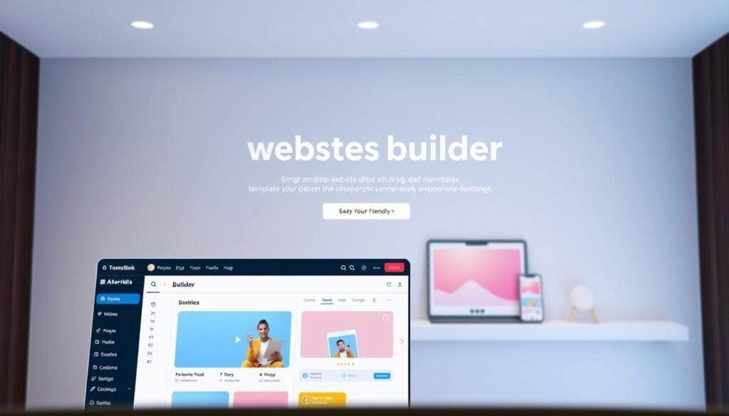 A minimal yet modern website builder interface, with a clean and intuitive dashboard. The foreground showcases a simple drag-and-drop website editor, with customizable templates and an easy-to-use sidebar menu. The middle ground features a variety of device mockups, highlighting the responsiveness of the builder. The background has a soft, gradient-based color scheme, conveying a sense of calm and professionalism. The lighting is soft and diffused, creating a welcoming atmosphere. The camera angle is slightly elevated, giving an overview of the user-friendly, beginner-friendly interface.