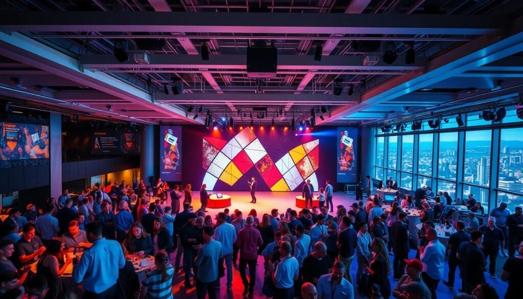 A vibrant, large-scale event space with a focal point of a dynamic, interactive stage. The foreground features an array of people animatedly engaged in various event activities - networking, product demonstrations, and energetic discussions. The middle ground showcases a modern, minimalist stage design with geometric shapes, bold lighting, and immersive digital projections. The background depicts a sleek, contemporary event venue with high ceilings, polished floors, and panoramic windows overlooking a bustling cityscape. The lighting is a mix of warm, focused spotlights and cool, diffused ambient illumination, creating a captivating, high-energy atmosphere.
