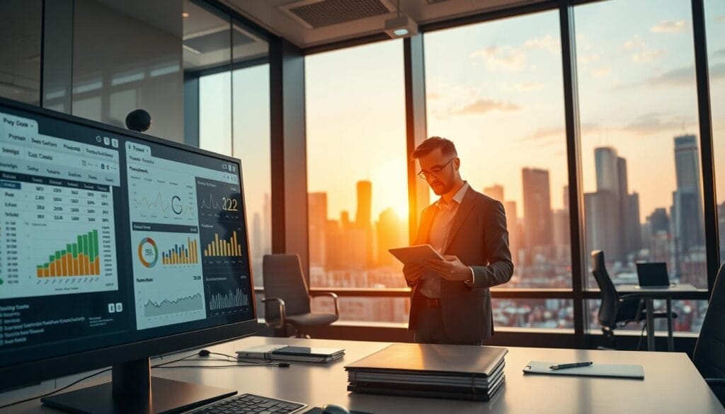 An office workspace with a sleek, modern aesthetic. In the foreground, a desktop computer displays payment processing and inventory management software interfaces, showcasing detailed analytics, transaction records, and real-time stock levels. In the middle ground, a businessman stands thoughtfully, reviewing financial reports and order histories on a tablet. The background features floor-to-ceiling windows overlooking a bustling city skyline, bathed in warm, golden-hour lighting. The overall atmosphere conveys a sense of efficiency, professionalism, and a focus on streamlining ecommerce operations.