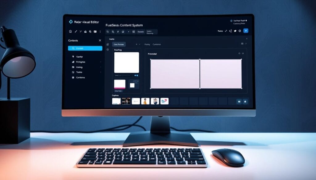 A sleek, modern desktop interface with a large central screen displaying a customizable visual editor for a headless content management system. The editor features intuitive controls, drag-and-drop functionality, and a live preview of the content. In the foreground, a keyboard and mouse setup provide seamless user interaction. The middle ground showcases a clean, minimalist design with strategic use of negative space and subtle gradients. The background subtly implies a technology-driven workspace, with subtle patterns or textures that complement the overall aesthetic. Lighting is soft and diffused, creating a sense of professionalism and focus. The mood is one of efficiency, creativity, and the empowerment of content creators.
